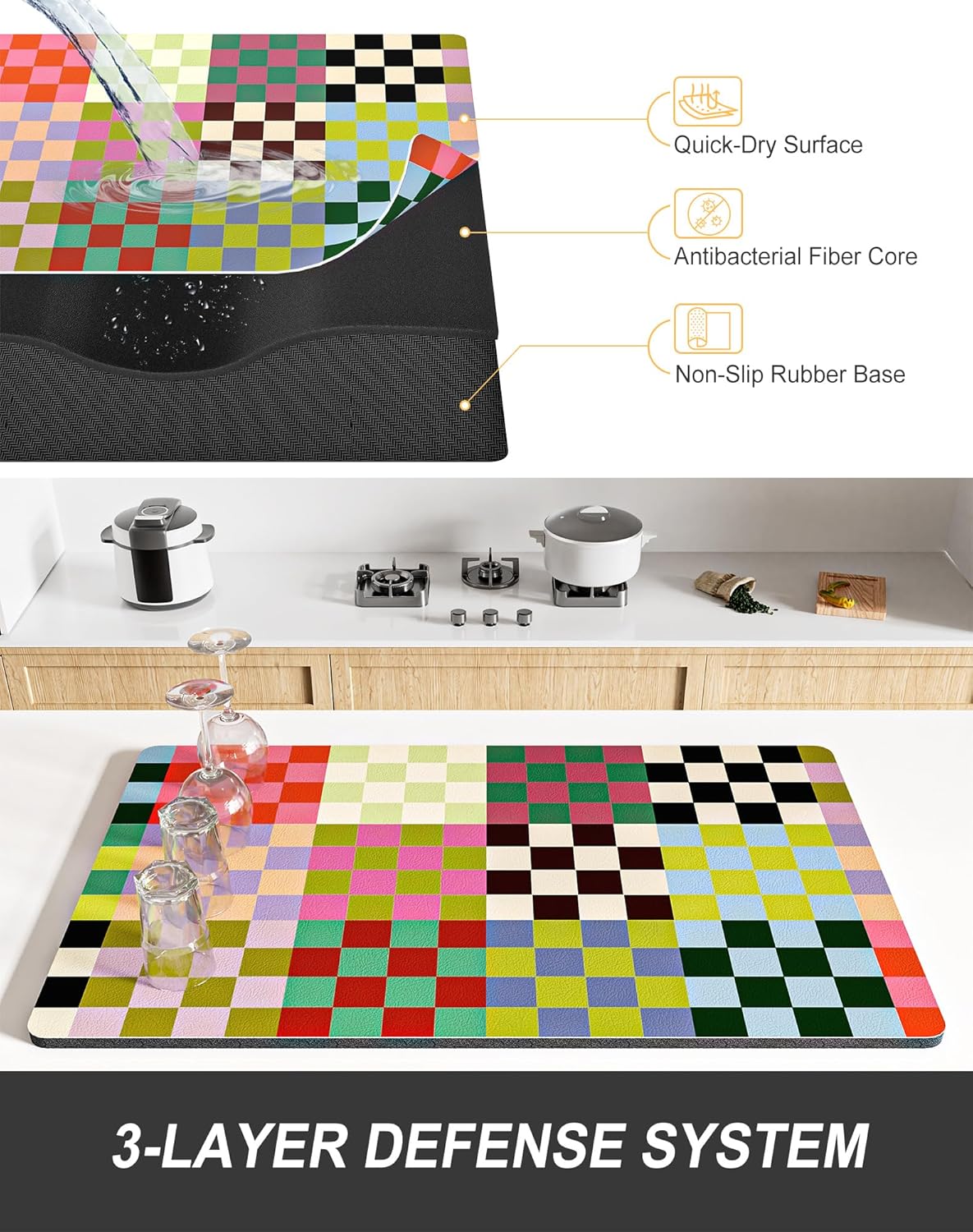 Rnivvi Dish Drying Mat for Kitchen Counter, XL 15 x 24" Cute Checkered Absorbent Draining Pad, Non-Slip Heat Resistant Coffee Bar Mats for Coffee Machine Station Accessories, Colorful Dish Rack Pad