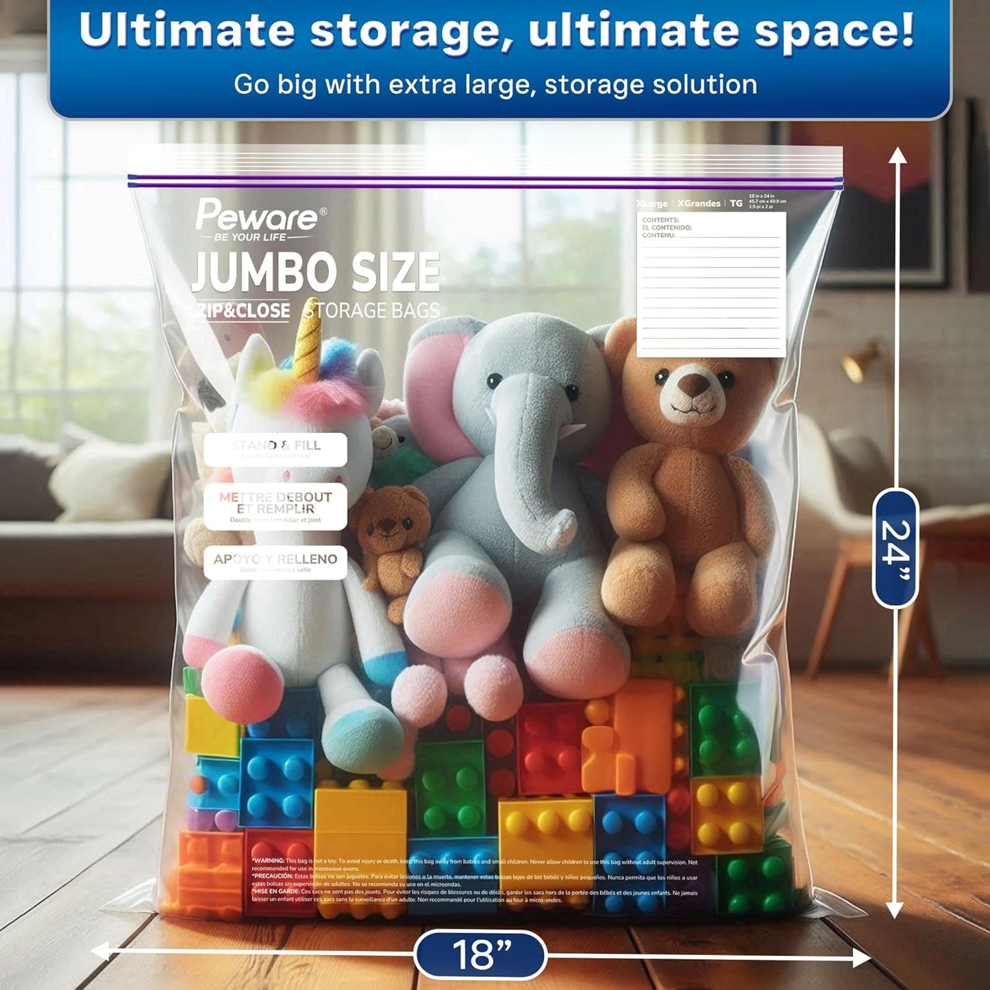 Large Storage Bags, 18"x24" Jumbo Plastic Bag, BPA Free, 5 Gallon XL Zipper Lock Baggies for Clothes Pillow Travel Moving - 100 Jumbo Bags