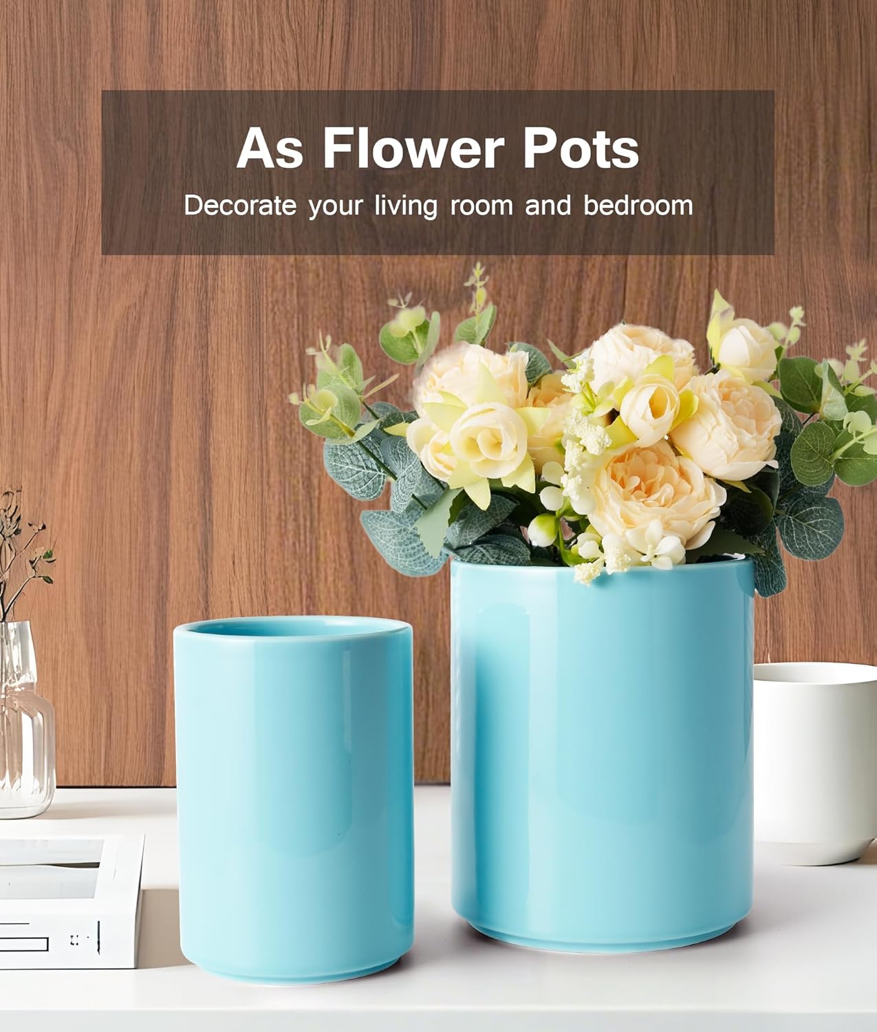 Set of 2 Utensil Holder, 7"+5" Ceramic Kitchen Utensil Holder for Countertop, Large Cooking Utensil Crocks for Counter, Morden Utensil Organizer for Spatula, Kitchen Decor (Blue)