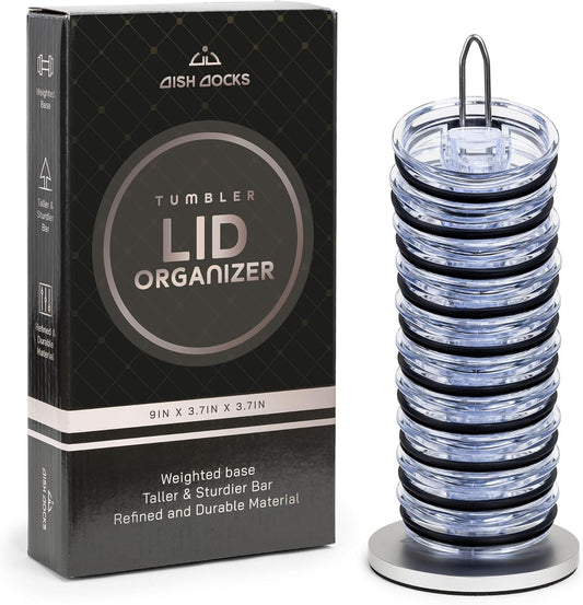 Tumbler Lid Organizer for Cabinet & Countertop - Slim Space-Saving Lid Holder with 9" Sturdy Bar & Weighted, Non-Slip Base - Vertical Storage Cup Lid Organizer - Collapsible Lid Rack for 10 Lids