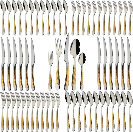 Gold Silverware Set 60-Piece Stainless Steel Flatware Cutlery Set Service for 12 Kitchen Tableware Utensil Set Includes Knives Spoons Forks For Home Kitchen Restaurant