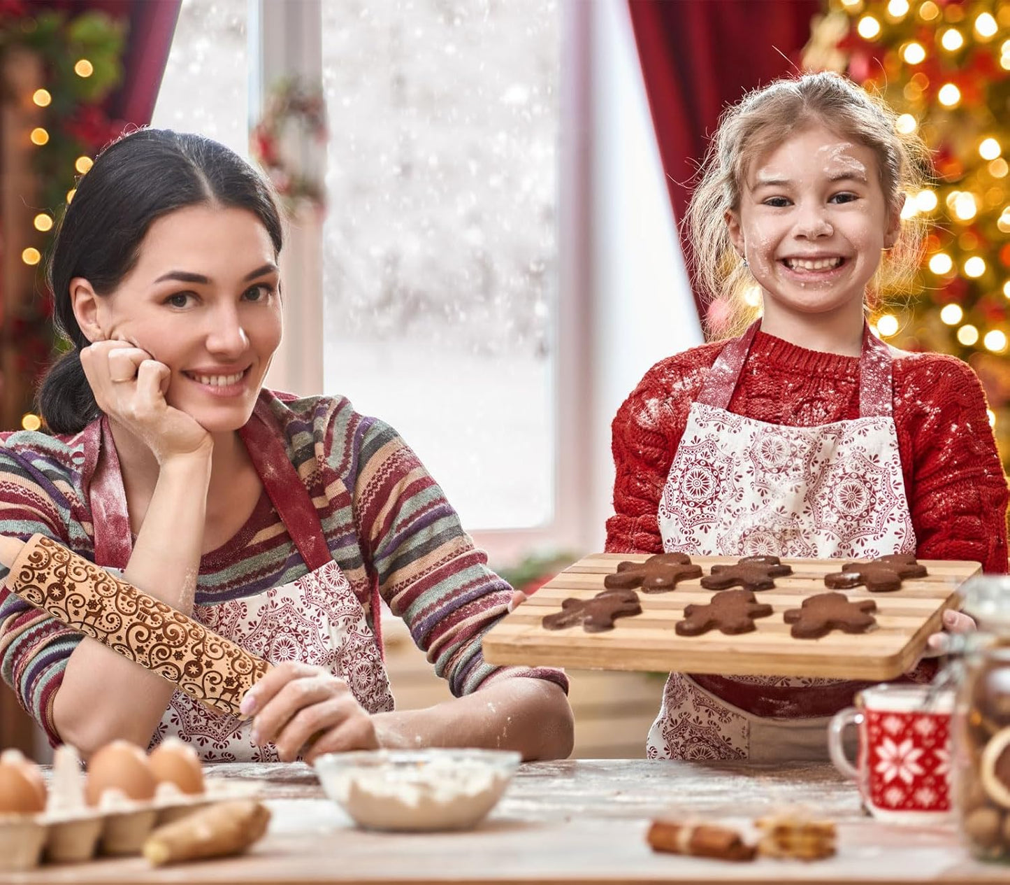 Floral Reindeer Embossed Rolling Pins for Cookies, Wooden Engraved Rolling Pin for Baking, Embossing Rolling Pin with Design, Patterned Rolling Pin Decorative Springerle Mold Stamp Clay Pattern Roller