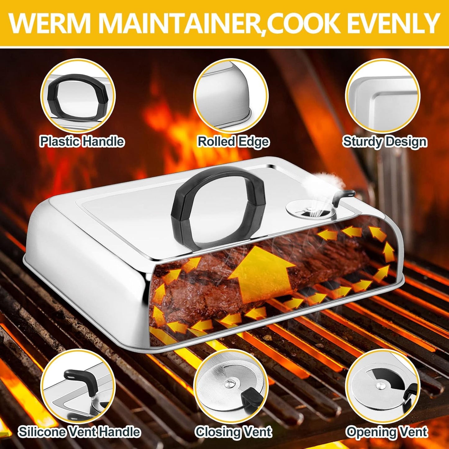 Leonyo 13" Rectangular Basting Cover with 11"x 9" Cooling Rack, Cheese Melting Dome & Wire Rack for Baking, Griddle Accessories with Steam Dome Lids for Oven, BBQ Flat Top Grill Cooking