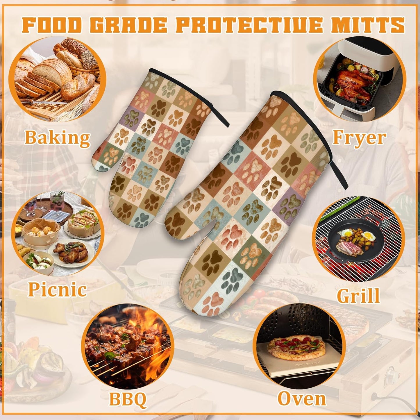 Vintage Dog Cat Paws Oven Mitts and Pot Holders Set,Kitchen Oven Gloves and Pot Holder with Heat Resistant Non Slip for Cooking Baking Grilling(4 Piece Set)