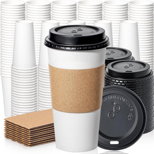 Fit Meal Prep 500 Pack 20 oz Disposable Coffee Cups with Lids, Sleeves, Leak-Proof To Go Coffee Cups with Lids, Durable Paper Cups for Hot Beverage, Home, Office, Party