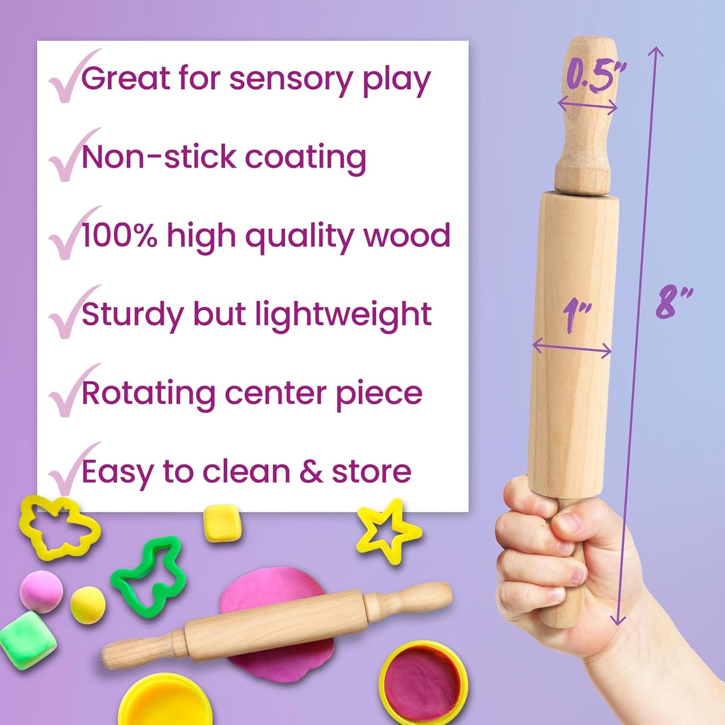 Premium Mini Rolling Pins, 8-Inch, 6-Pack – Splinter-Free, Non-Stick Hardwood for Joyful Kids’ Baking, Sensory Crafts, Play-Doh, Clay, Therapeutic Fine Motor Skill Play for Creative Young Bakers