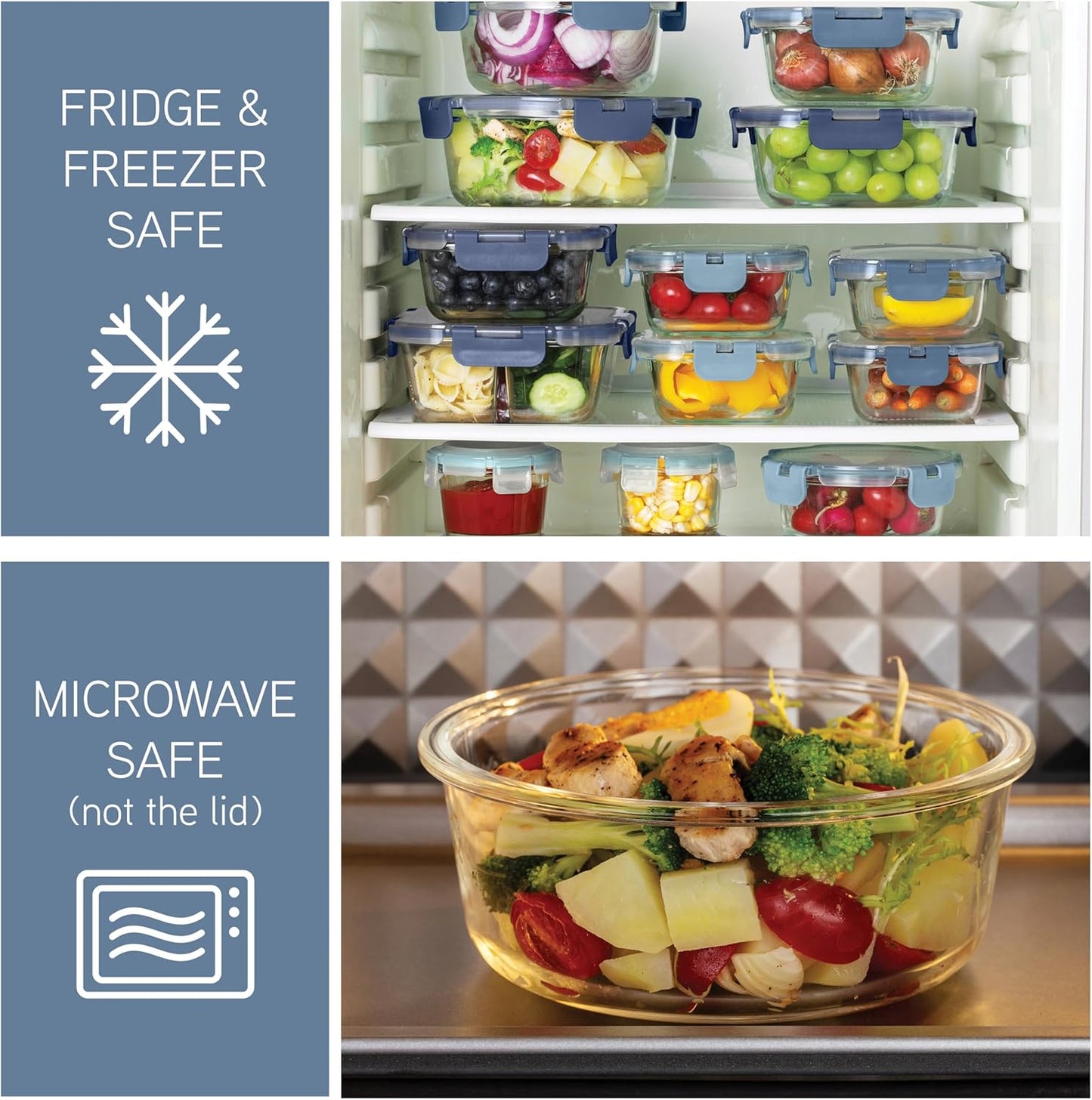 COOK WITH COLOR Premium 32-Pc. Borosilicate Glass Food Container Set with Dividers - 4 Rectangles, 8 Rounds, 4 Squares - Leakproof Lids - Meal Prep, Storage, Ombre Blue