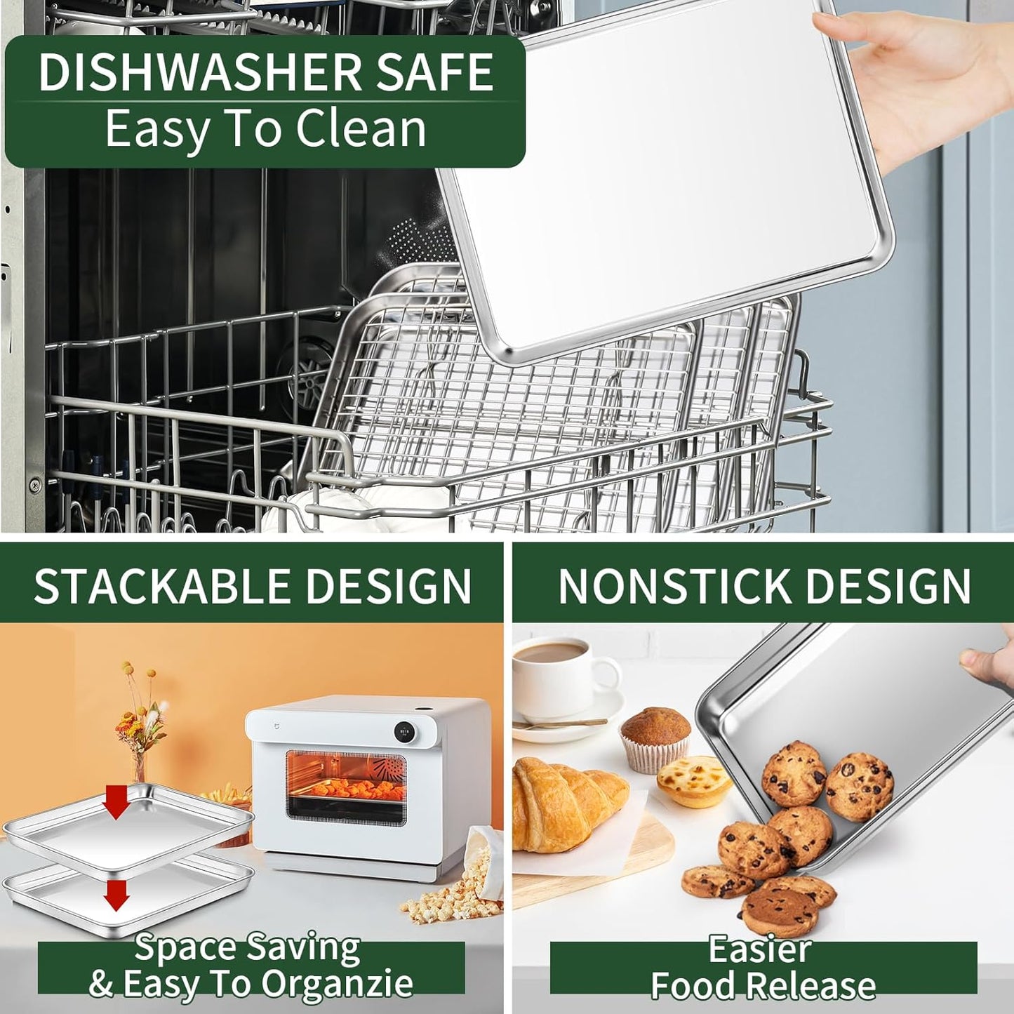 Small Baking Sheet with Cooling Rack Set [2 Baking Pans + 2 Wire Racks], CEKEE Stainless Steel Cookie Sheets for Baking, Heavy Duty & Dishwasher Safe Baking Sheets for Oven, Size 9 x 7 x 1 Inch