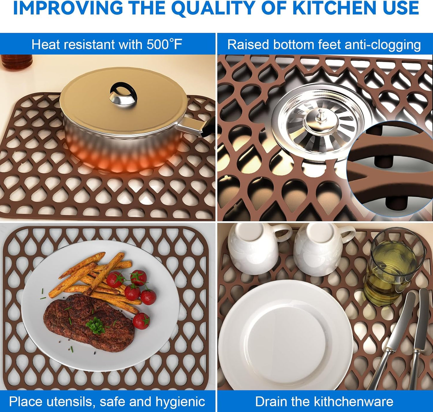 TOOVEM 13.6"x11.6" Kitchen Sink Protector - Large Silicone Mat Grid for Bottom of Farmhouse Sink - Heat Resistant - Coffee - 1 Pack