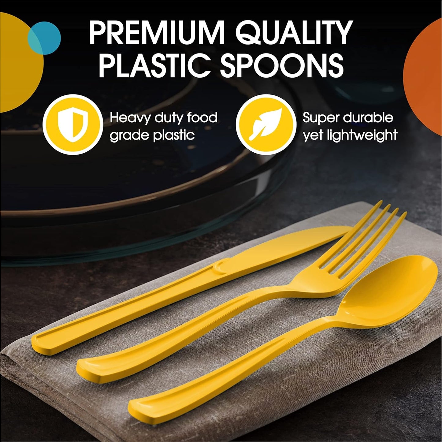 Heavy Duty Plastic Cutlery - 200 Pcs, Disposable Yellow Plastic Spoons - Flatware, Silverware