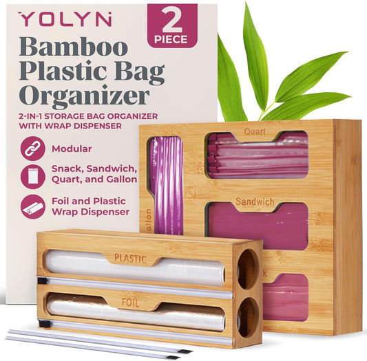 Bamboo Kitchen Storage Bag Organizer, Drawer Organizer with Foil Dispenser, Bamboo Organizer for Sandwich Bags, Plastic Wrap, Baggie and Foil, Premium Kitchen Drawer Organizer