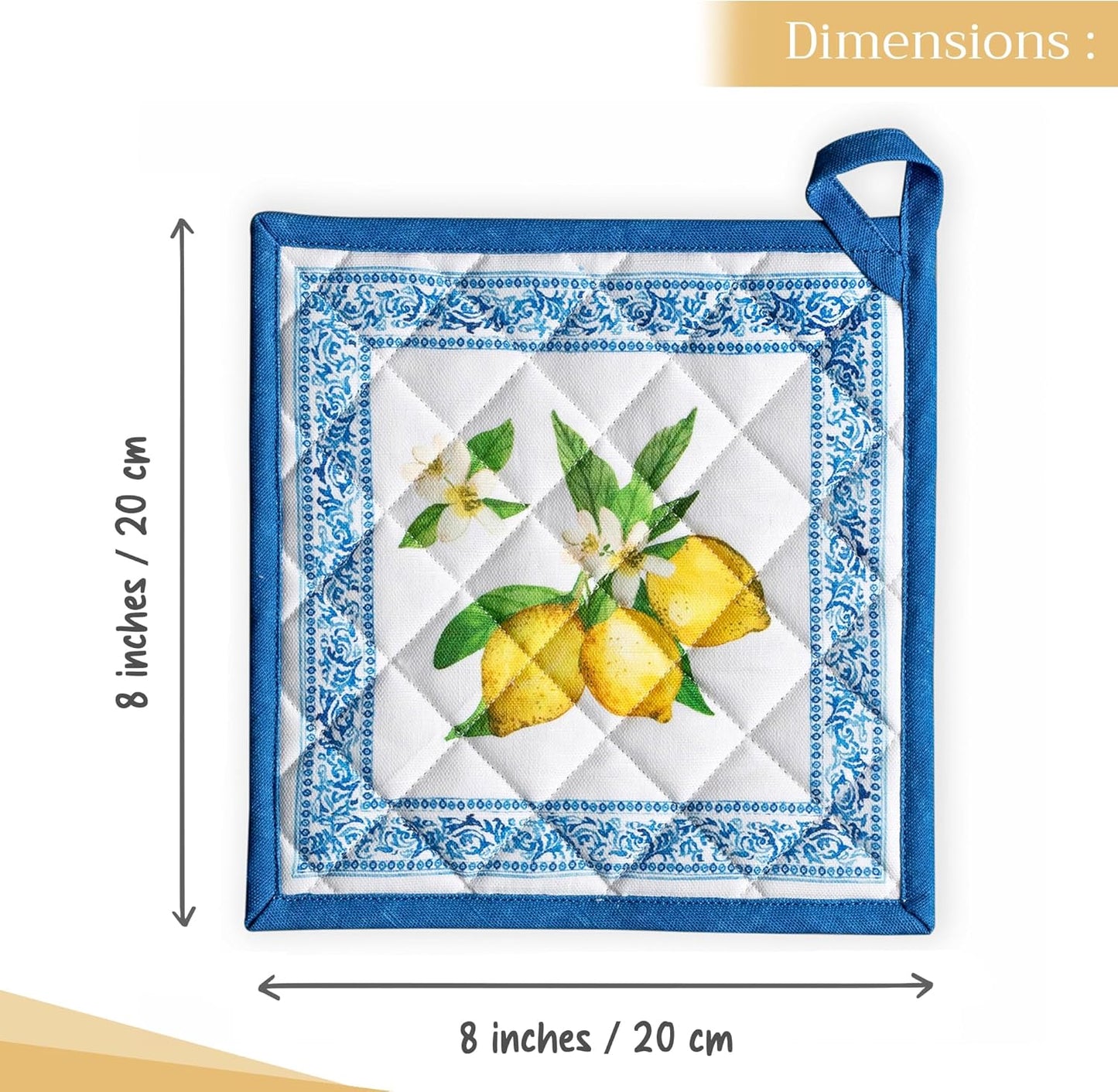 Maison d' Hermine Pot Holders Set 100% Cotton Heat Resistant Potholders 8" x 8" Hot Pads with Loop BBQ, Cooking, Baking, Grilling, Kitchen, Handling Hot Pans Spring/Summer (Pack of 2, Cedrat)