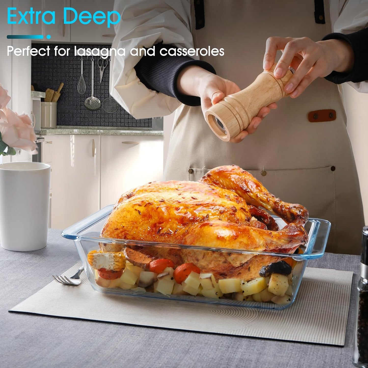 NUTRIUPS 3.7QT Deep Glass Baking Dish,(11.5×8inches）Large Glass Baking Pan,Rectangular Lasagna Pan,Glass Casserole Dish,Microwave & Oven Safe