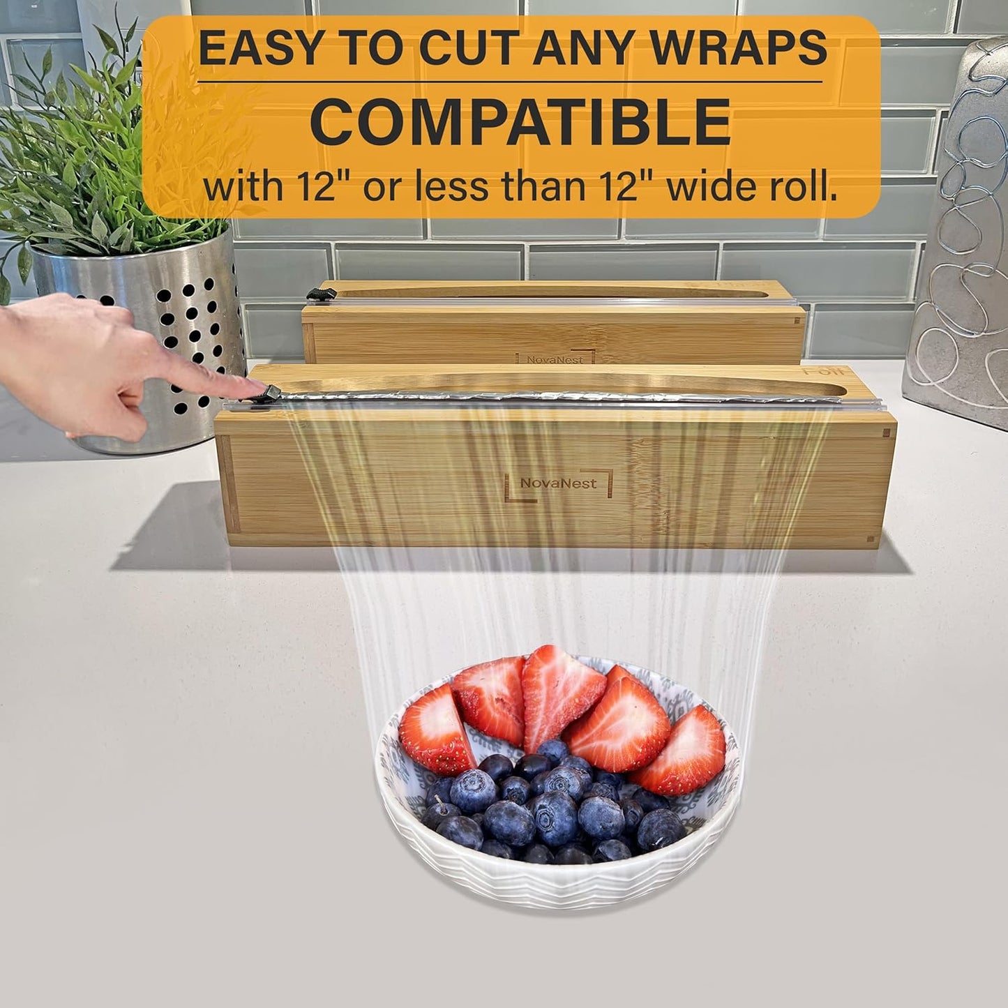 Wrap Organizer Dispenser with Cutter, (2 Piece Set), Fits 12" Rolls, Plastic Wrap, Aluminum Foil, Wax Paper, Saran Wrap, Cling Wrap Holder for Kitchen Storage, Mountable, Bamboo