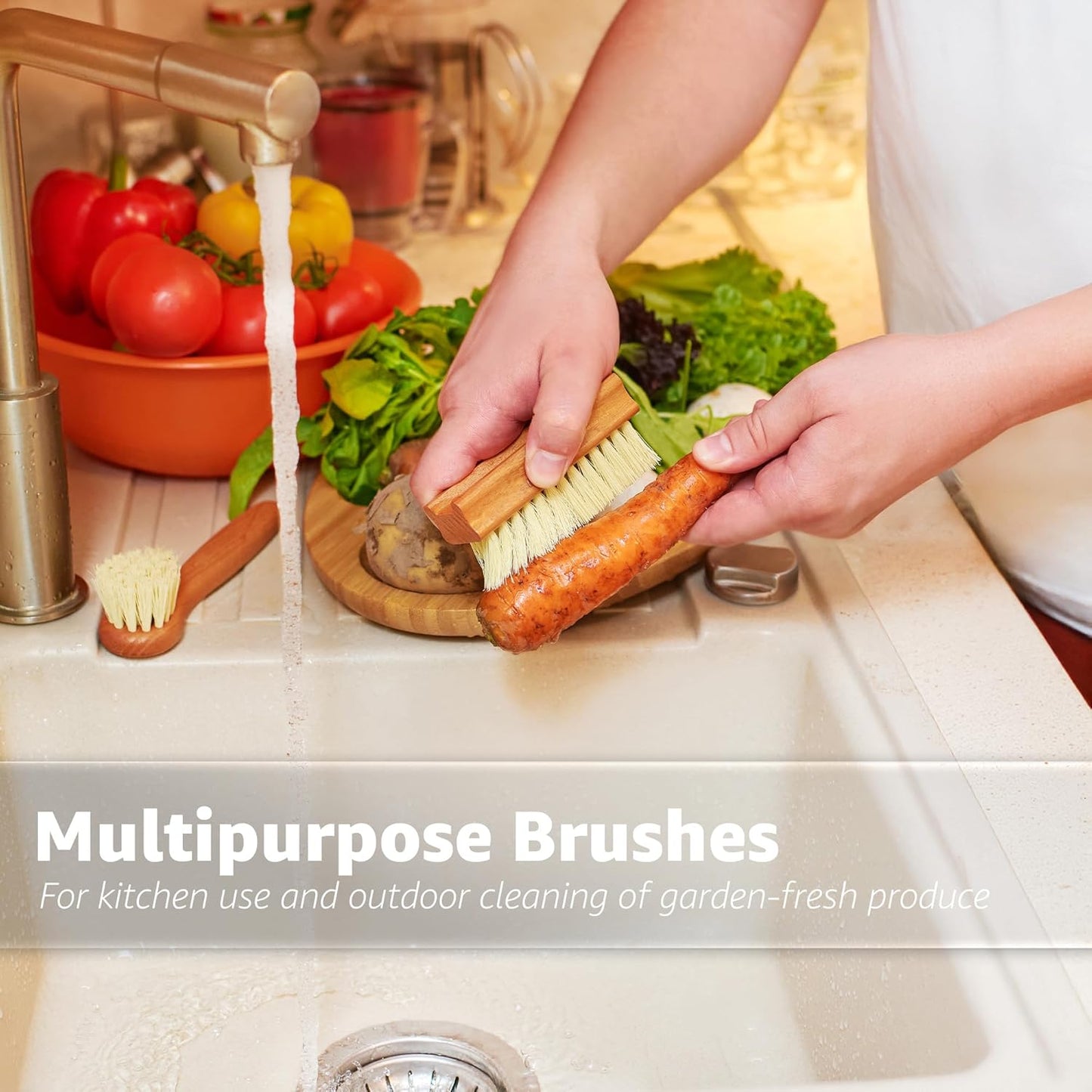 Vegetable Brush Set of 2 - Fruit and Vegetable Brush Scrubber for Food, Potato Scrubber, Mushroom Brush with Comfortable Wooden Handle, Veggie Brush for Carrots, Natural Produce Cleaning Brush