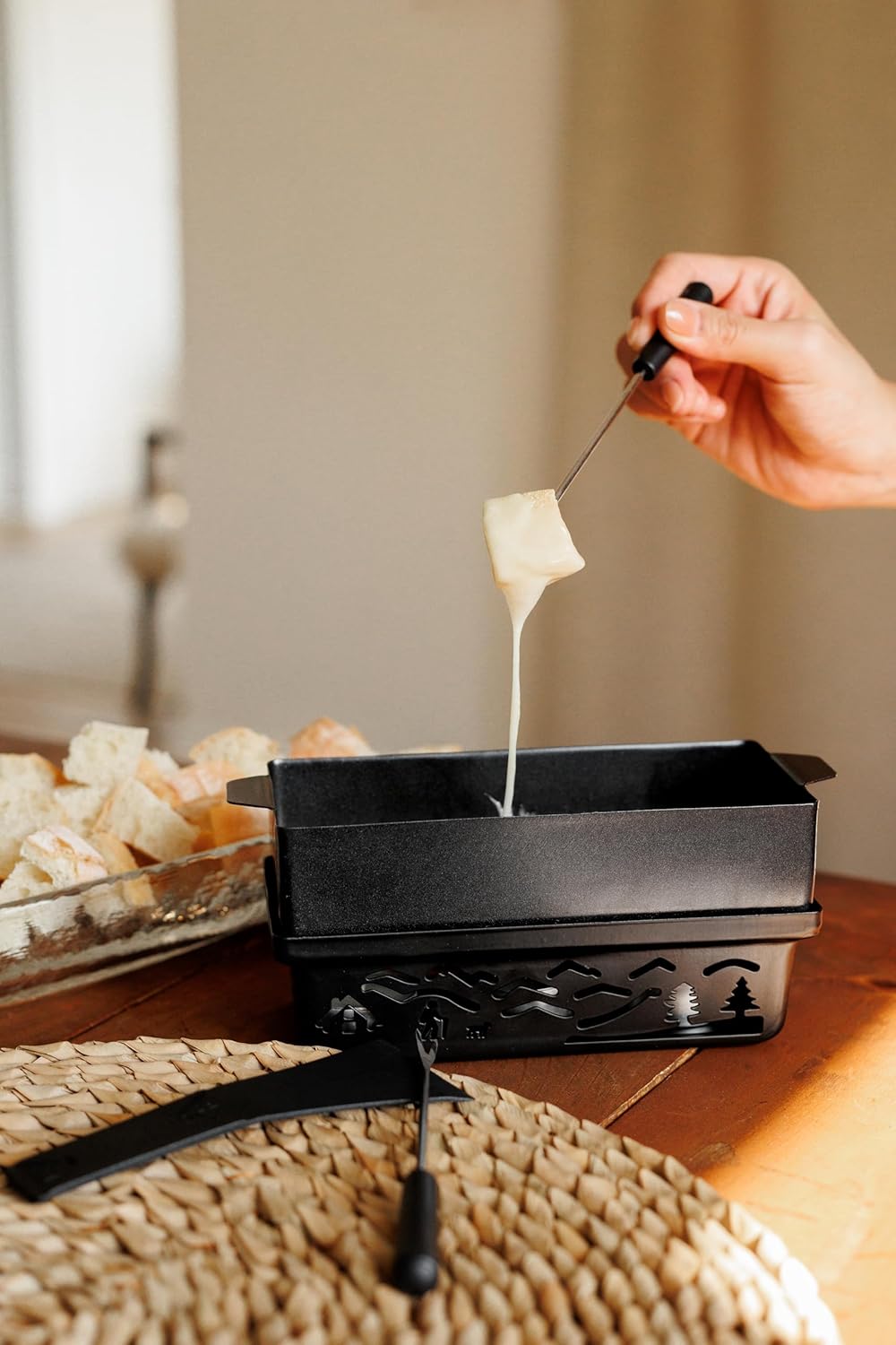 Swissmar Tandem Candle Fondue & Raclette Set - Portable 2-in-1 Tabletop Fondue Pot with Raclette Dish, Forks, Spatula & Tealight Candles