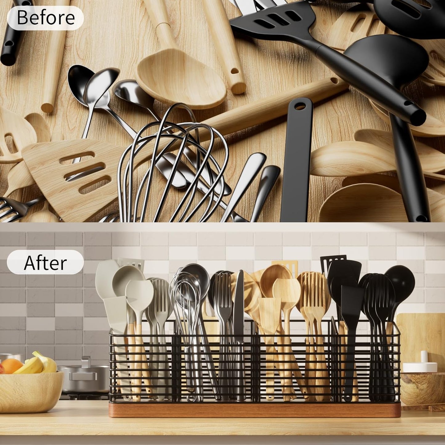 Large Utensil Holder for Kitchen Counter with 4 Compartments, Matte Black Metal Holder with Wooden Base Cooking Utensil Organizer for Spatula Utensil Crock Caddy