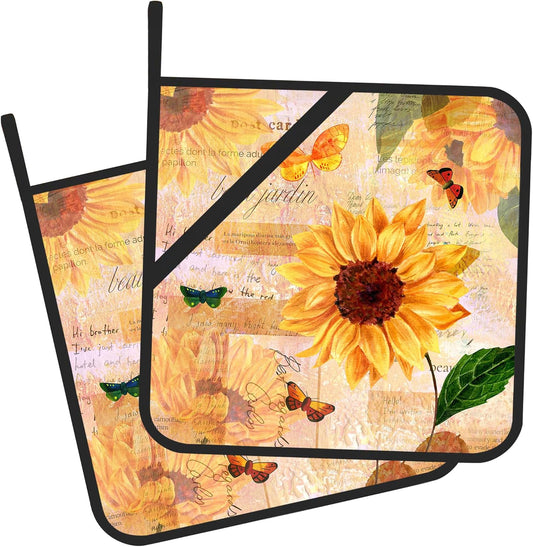 Pot Holder Set of 2,Vintage Sunflower Retro Kitchen Heat Resistant Potholder for BBQ Cooking Baking,Food Hot Pat for Women Men Kitchen Wear