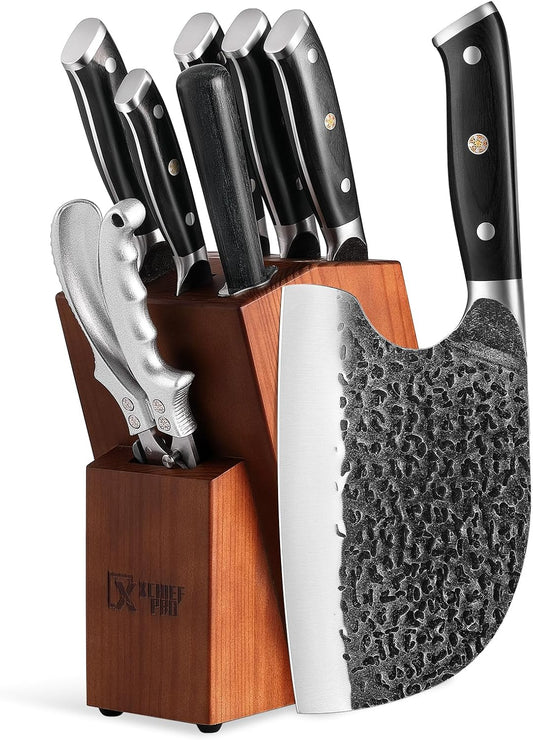 9 Pieces Knife Set with Block, Hand Forged High Carbon Steel Sharp Blade Cooking Knives Set with Holder for Kitchen, Block Chef Knife Set Professional, Best Gifts for Men Women