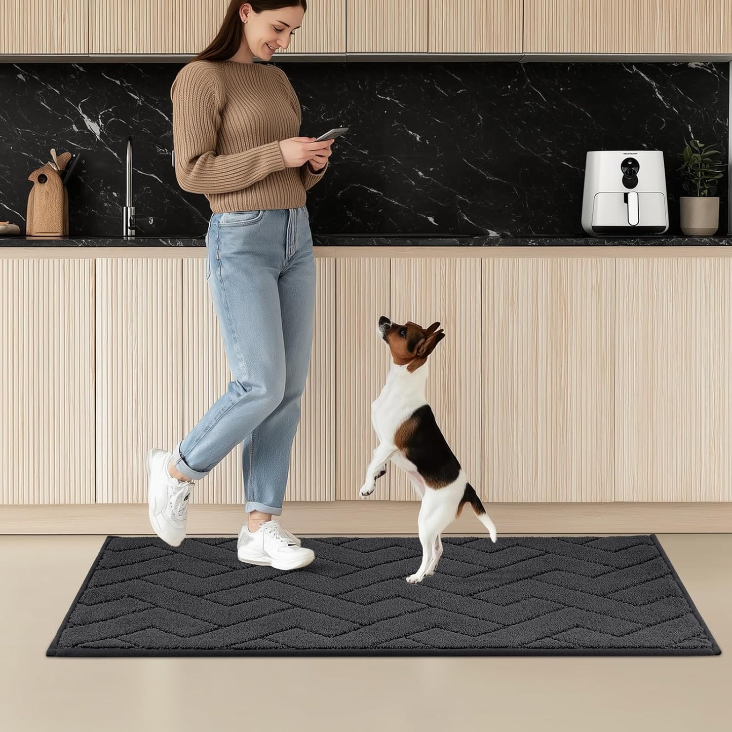 Machine Washable Kitchen Rugs Set (24" x 36"+24" x 60"), Non-Slip Kitchen Runner Rugs Mats for Floor, Absorbent Comfort Standing Mats for Kitchen, Sink and Hallway, Rolled Packaging, Charcoal