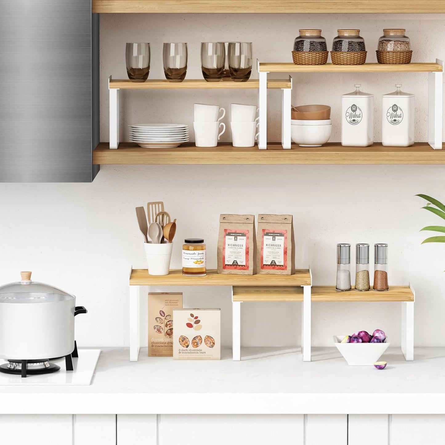 Kitchen Cabinet Organizer Shelf Set of 4, Large Stackable Pantry Cupboard Countertop Storage and Organizer, Desk Shelf Riser, Spice Plate Cup Expandable Storage Rack (Bamboo White)