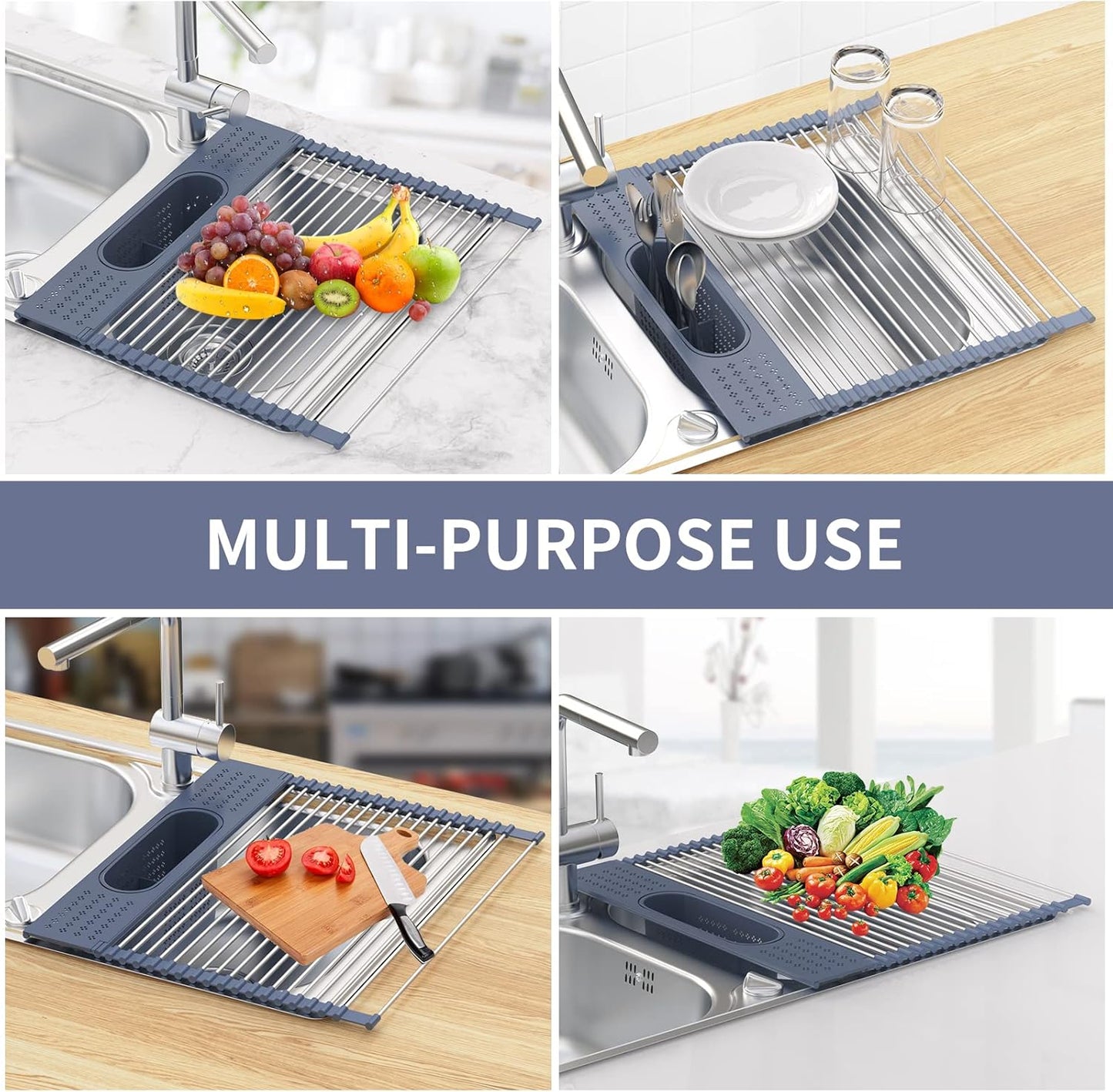 LEMIKKLE Roll Up Dish Drying Rack 17 x 15 Over The Sink Dish Drying Rack, Multi-Purpose Kitchen Rolling Dish Drainer Foldable SUS 304 Stainless Steel Dish Drying Rack