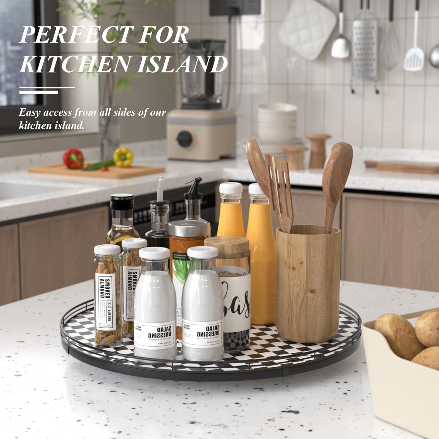 21" Black and White Kitchen Lazy Susan Turntable, Round Checkered Decorative Tray, Large Lazy Susan for Dining Table Centerpiece, Pantry, Kitchen, Bathroom, Countertop, Cupboard, Home Decor