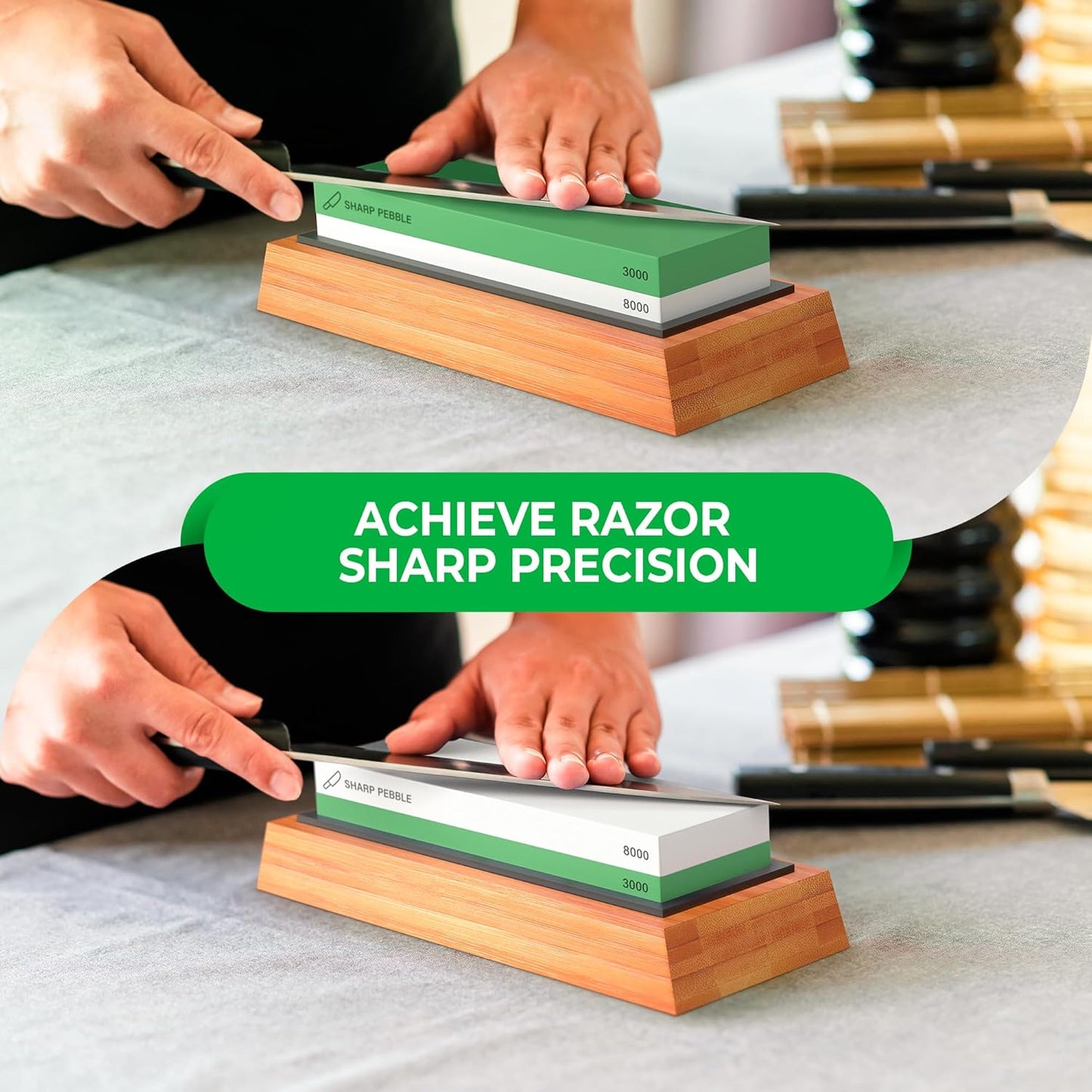 Sharp Pebble Premium Whetstone Knife Sharpening Stone 2 Side Grit 3000/8000 Wetstone Kit -Wetstone Kitchen Knife Sharpener with Non-Slip Bamboo Base & Flattening Stone