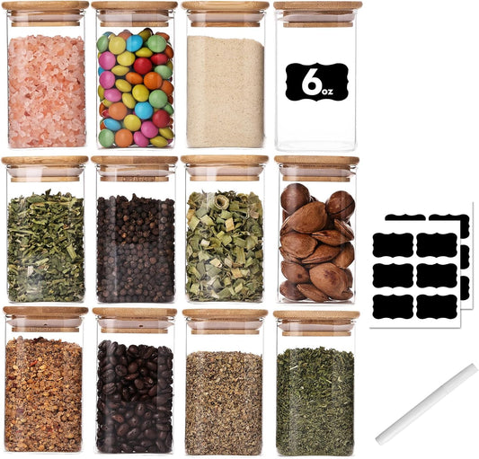 6oz Glass Spice Jars with Bamboo Lid and Label, 12 Pack Square Glass Container, Small Food Storage Containers for Kitchen, Clear Empty Seasoning Jar for Sugar, Salt, Coffee Bean, Herb, Borosilicate