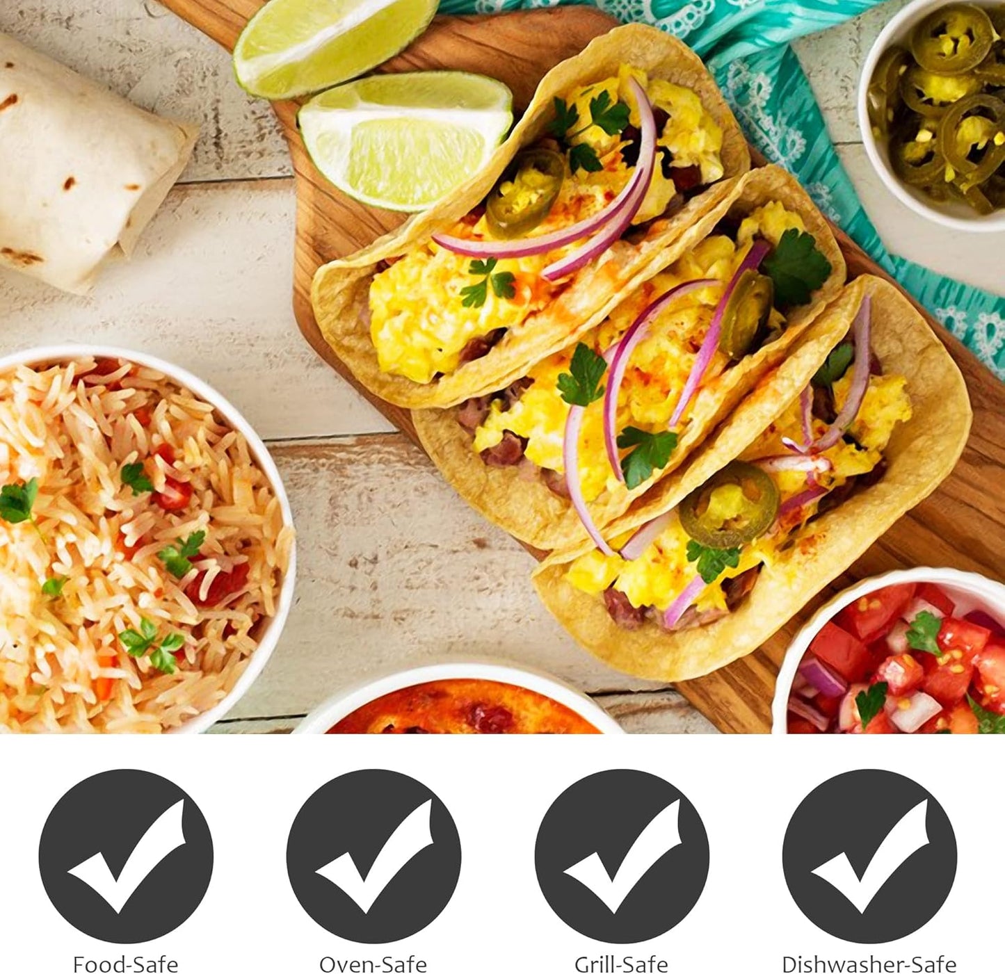 Smithcraft Stainless Steel Taco Holder Stand - Oven Grill Safe Metal Shell Racks With Handles, Fill Serve Tray Holds Up to 3 Tacos Each, Set of 6