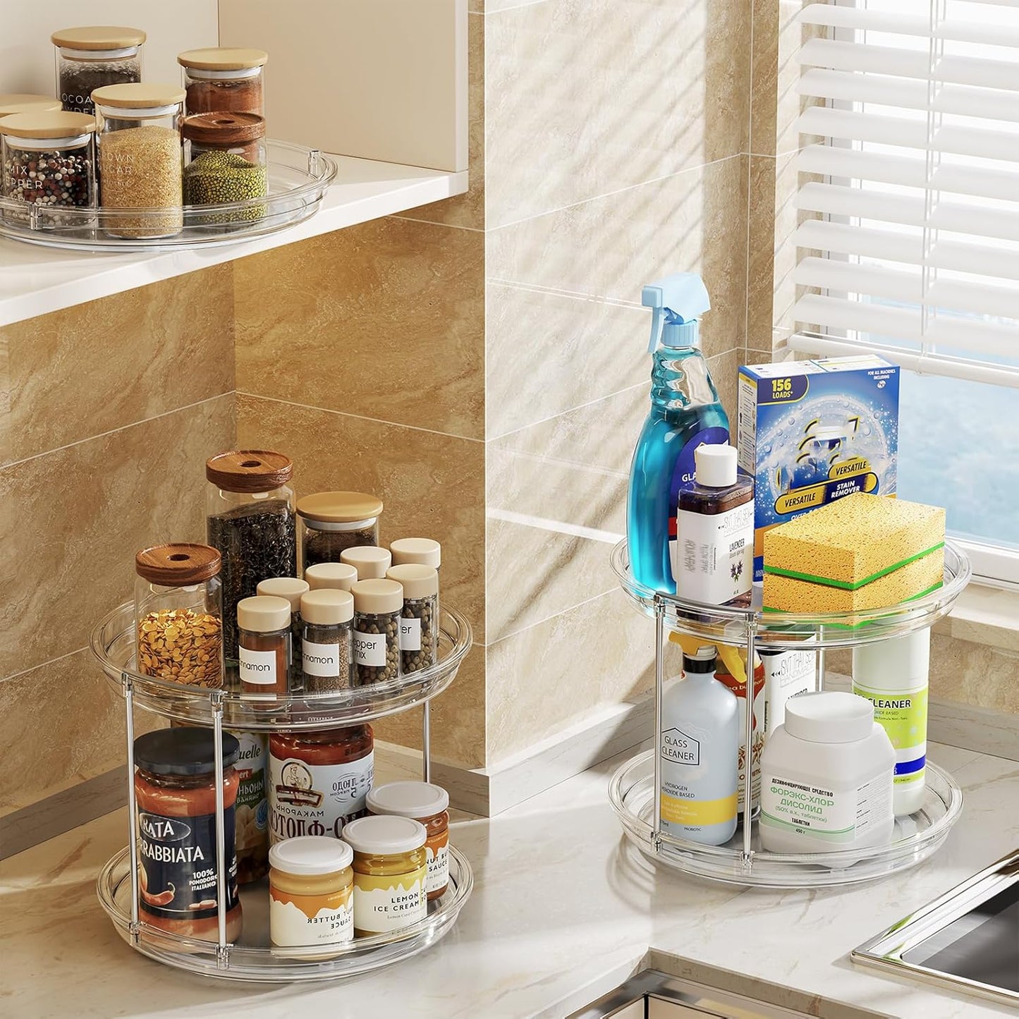 LAMU 2 Pack 2 Tier Lazy Susan Turntable Organizer 9.25'' Rotating Spice Rack Organization for Cabinet, Kitchen, Pantry, Countertop, Bathroom, Vanity, Medicine Cabinet Organizer, Clear