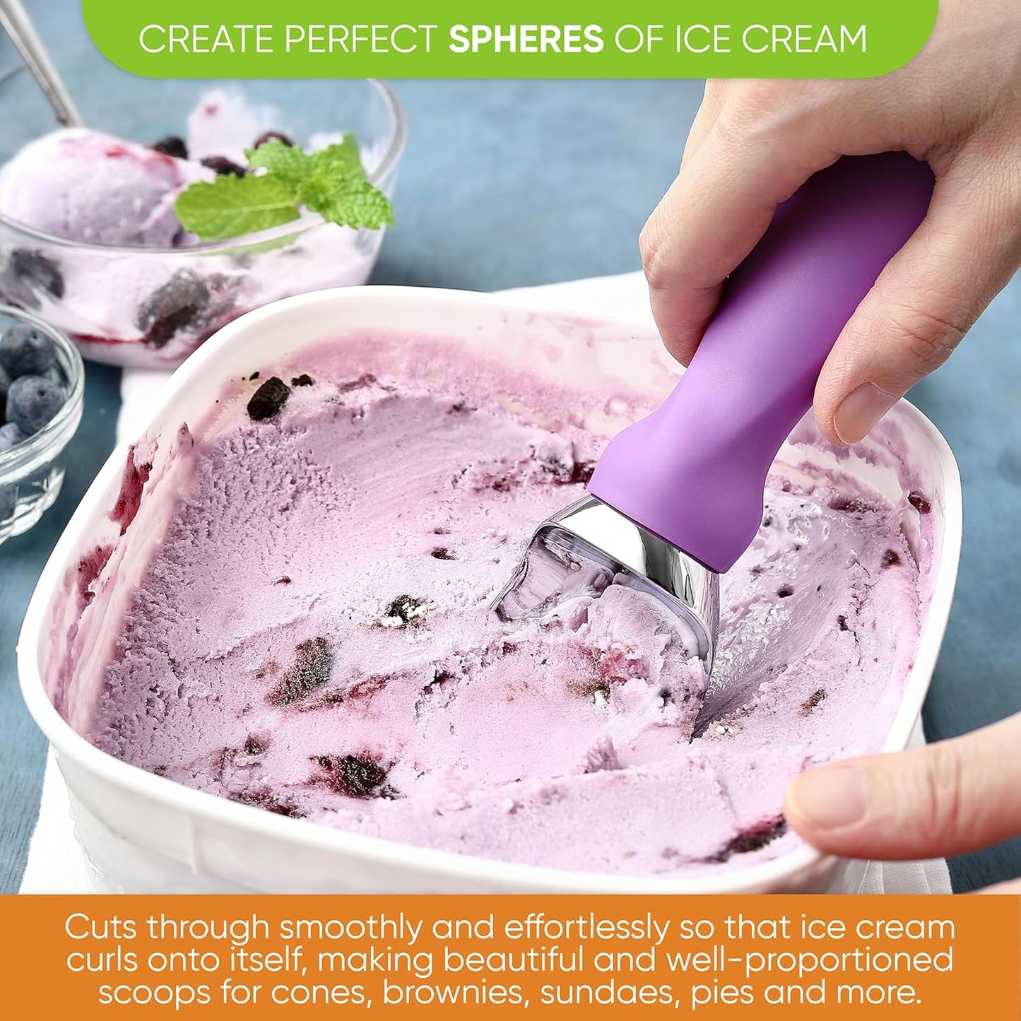 Spring Chef Metal Ice Cream Scoop with Comfortable Handle, Heavy Duty Sturdy Ice Cream Scooper Spoon for Cookie Dough, Frozen Yogurt, Gelato, Sorbet, Sundae, Melon - Dishwasher Safe - Orchid