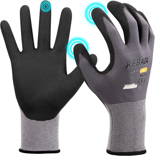 Kebada W2 Safety Work Gloves, Micro-Foam Nitrile Coated Gloves, Touchscreen,Ideal for Package Handling, Gardening, Construction, 1 Pair X-Large