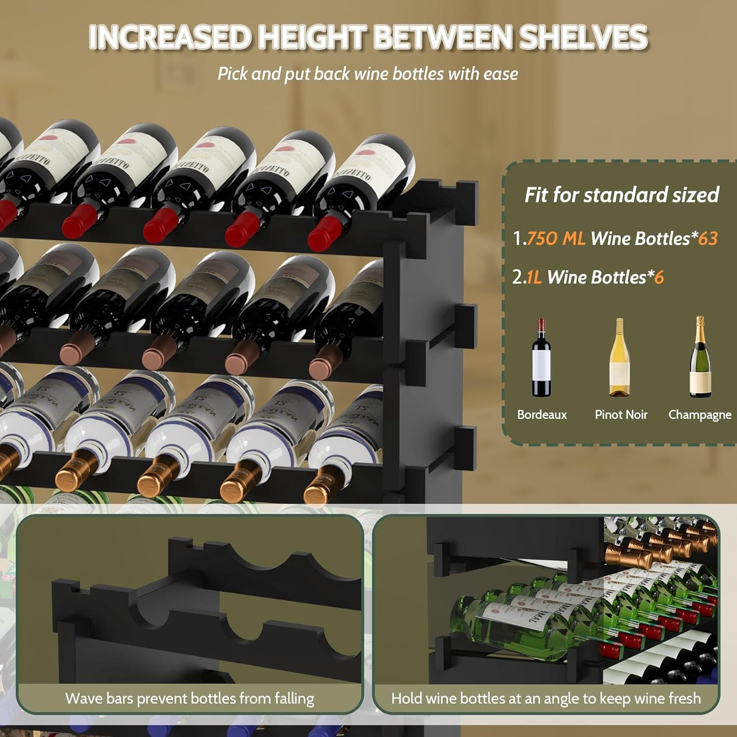 Wine Rack Freestanding Floor, Bamboo 8-Tier 69 Wine Bottle Holder Racks Countertop Cabinet Display, Wooden Stackable Modular Wine Storage Organizer Shelves for Kitchen Bar Cellar Dining Room Black