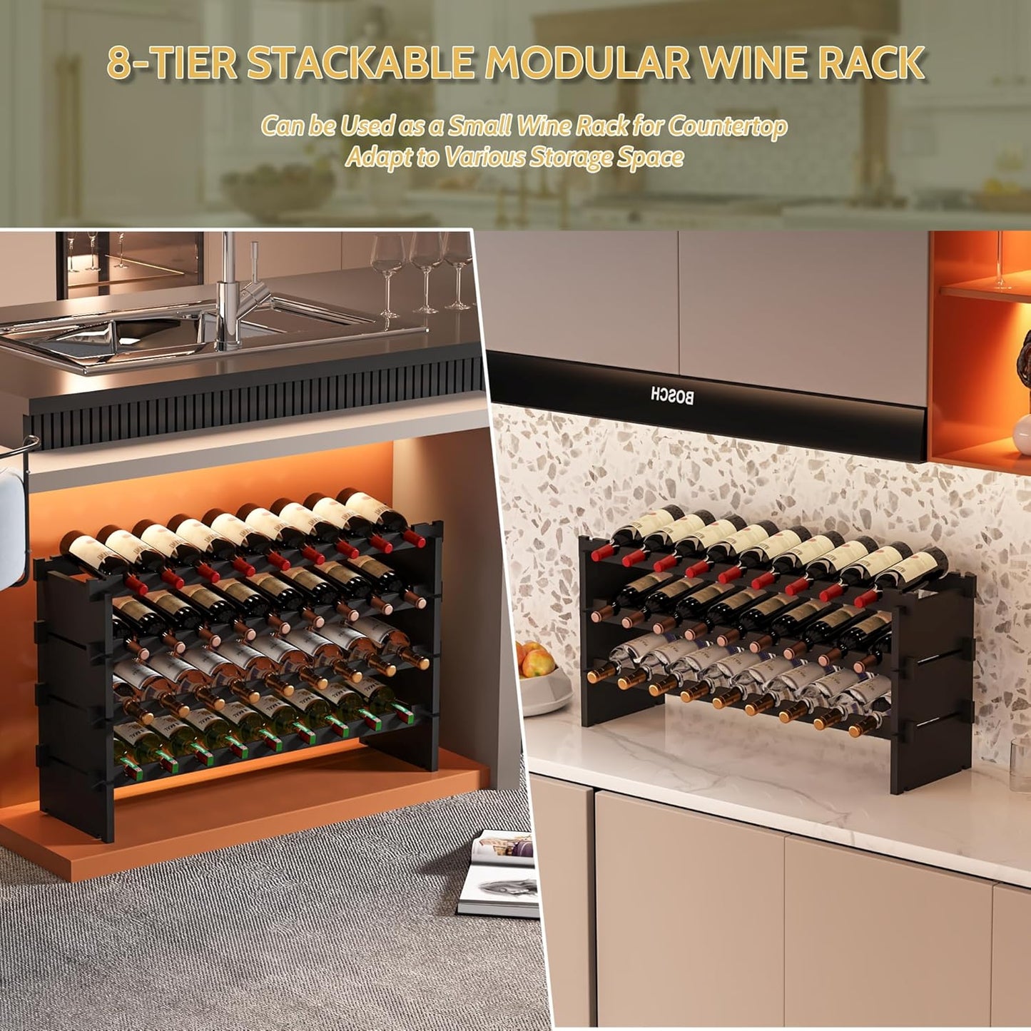 Wine Rack Freestanding Floor, Bamboo 8-Tier 69 Wine Bottle Holder Racks Countertop Cabinet Display, Wooden Stackable Modular Wine Storage Organizer Shelves for Kitchen Bar Cellar Dining Room Black