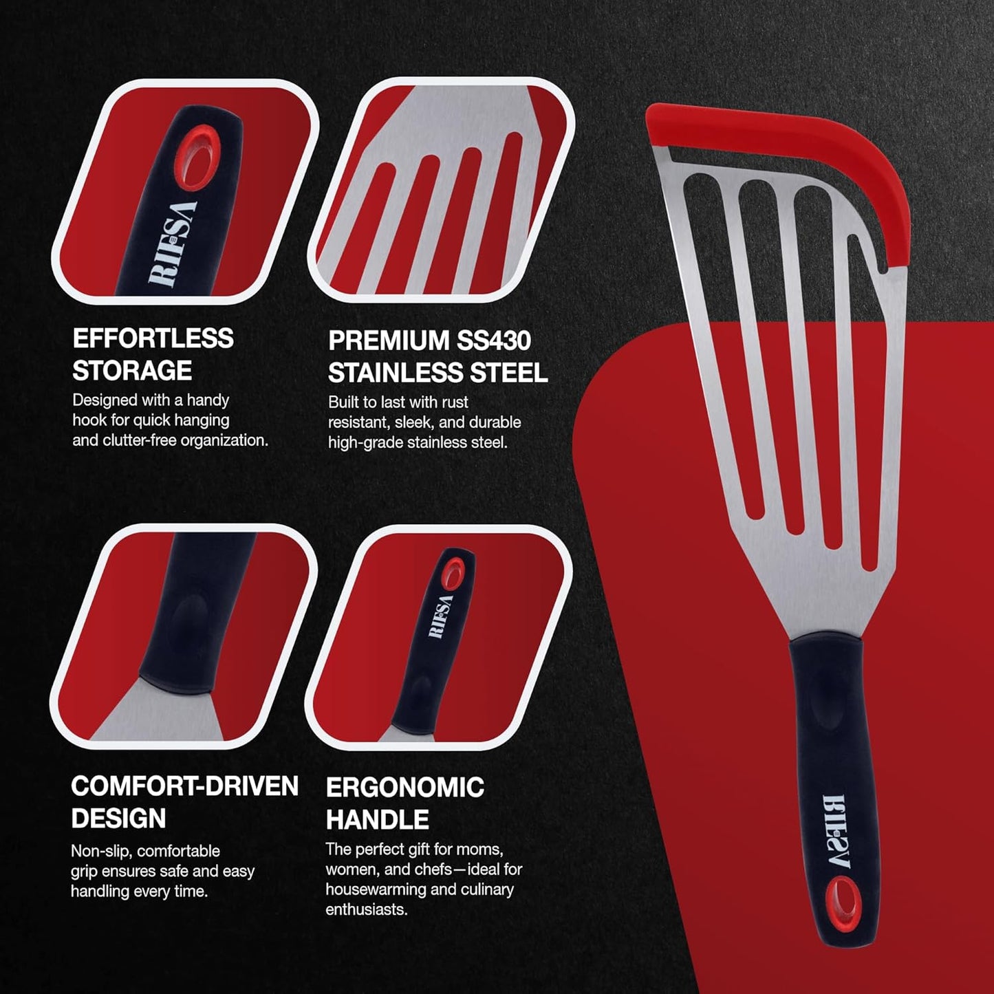 Fish Spatulas, Stainless Steel with Heat-Resistant Silicone Tips, Non-Scratch Design for Non-Stick Cookware, Slotted Silicone Spatulas for Frying, Flipping Fish and Eggs.