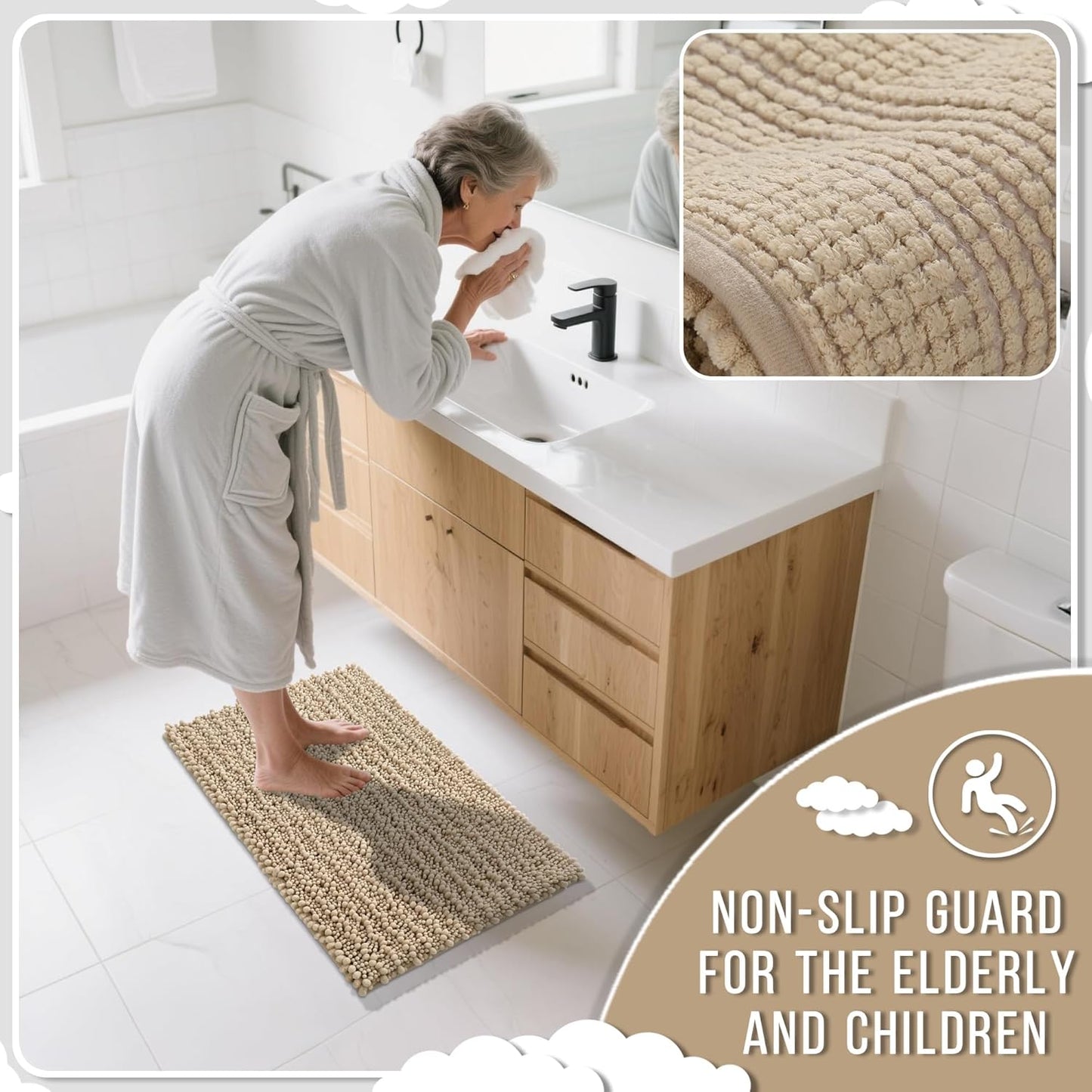 Yimobra Bathroom Runner Rug 70x24 Inch - Extra Long Non Slip Chenille Bath Mat, Soft & Absorbent, Machine Washable Shaggy Hallway Carpet for Vanity Tub Shower, Pale Khaki Home Decor Accessories