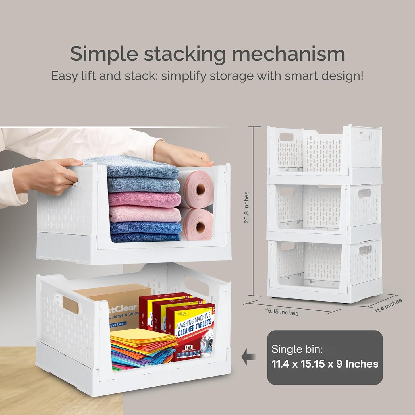 Skywin TidyFriend Stackable Storage Bins with Wheels, 3 Pack Foldable Storage Bins Box, Plastic Shelves Drawer Organizer Container for Closet Office Bedroom Kitchen Bathroom (Ivory)