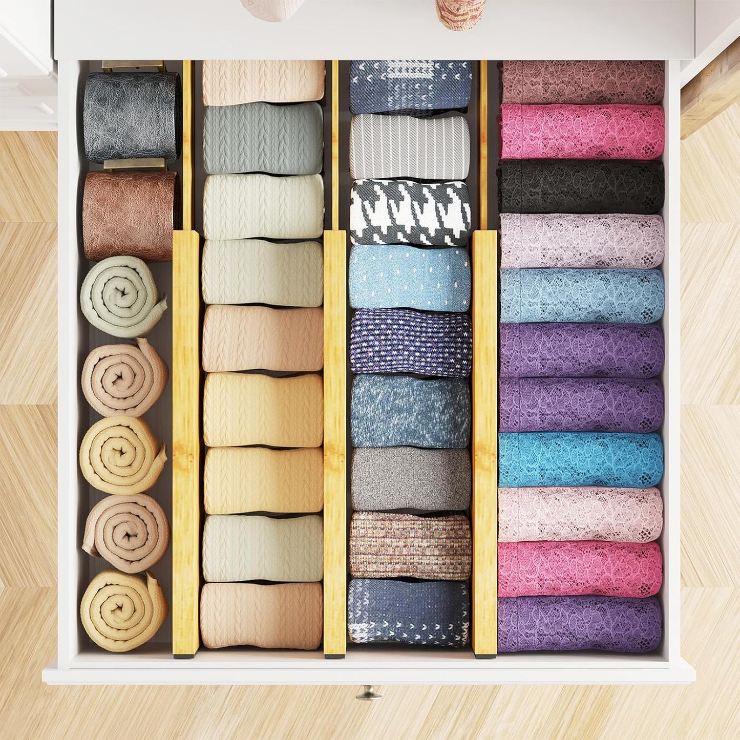 SpaceAid Bamboo Dresser Drawer Dividers 6 Pack, 4.65“ High Adjustable 12.5“-17” Drawer Organizers, Expandable Organization for Clothing, Clothes, Dressers, Natural