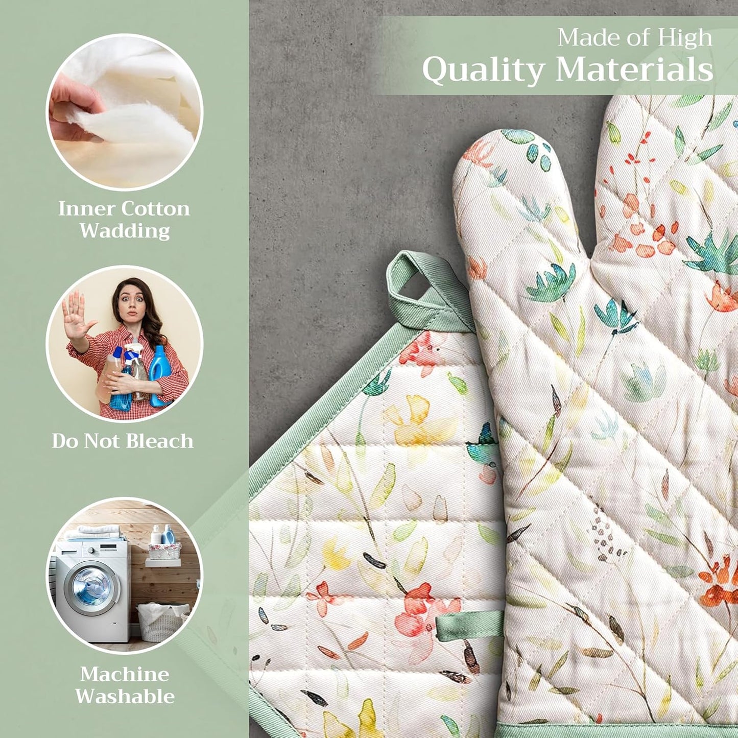 Maison d' Hermine 100% Cotton Oven Mitt & Pot Holder Set (7.5"x13" & 8"x8") Heat Resistant BBQ Cooking Gloves with Loop, Baking, Grilling, Kitchen, Handling Hot Pans Spring/Summer (Colmar)