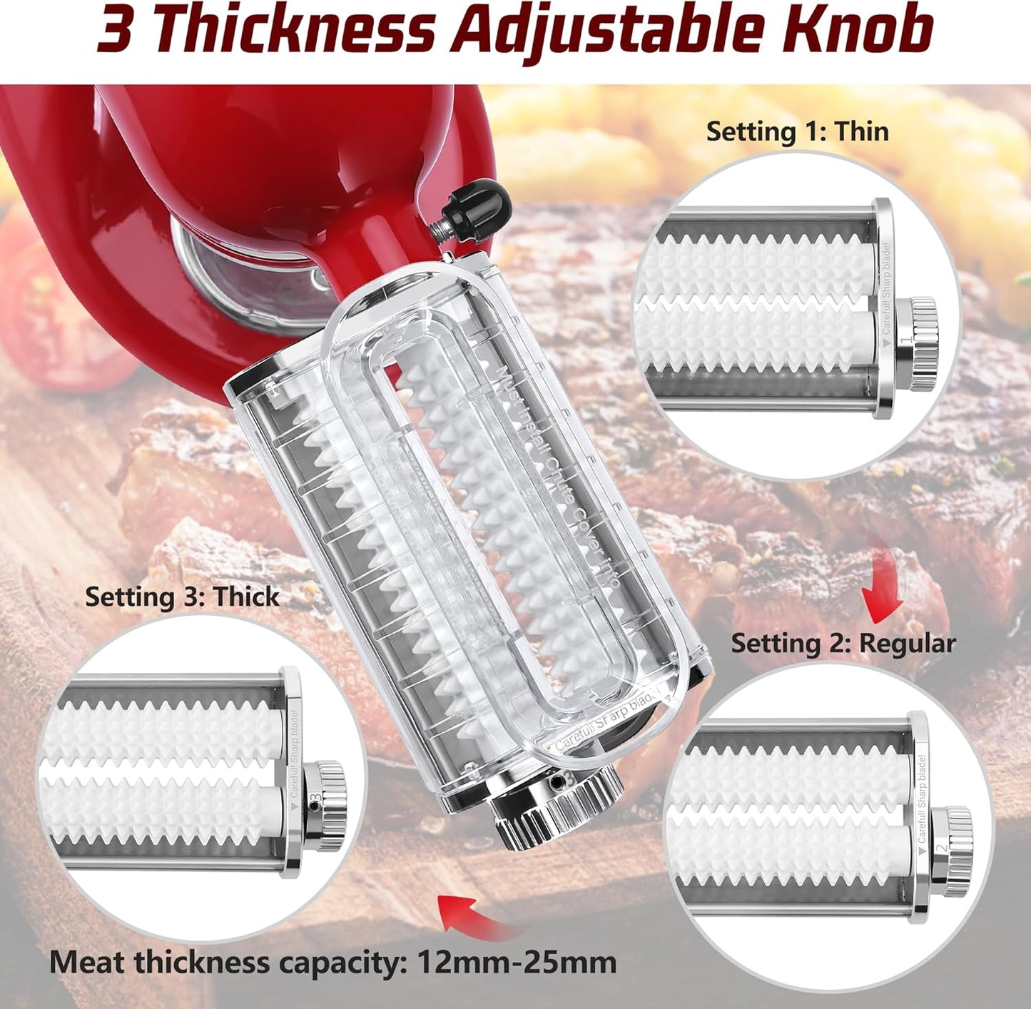 Meat Tenderizer Attachment for Kitchenaid Stand Mixers, 3 Adjustable Thickness, Meat Tenderizer Machine with Transparent Cover, Meat Cuber Accessories for Kitchen aid, Dishwasher Safe
