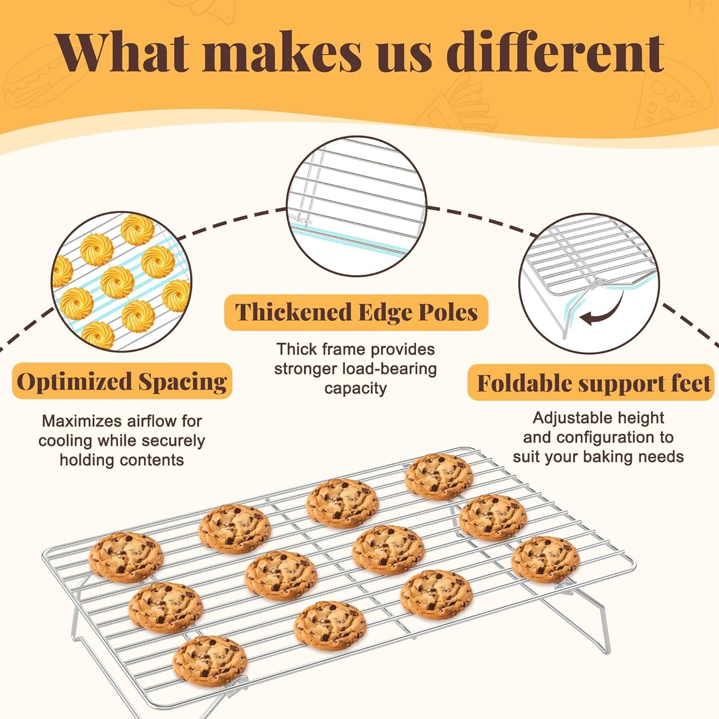 Cooling Racks for Cooking and Baking - 3 Tier Stackable Grid Wire Baking Rack for Oven Cooking, Baking, Grilling, Roasting -Dishwasher Safe Bacon Rack