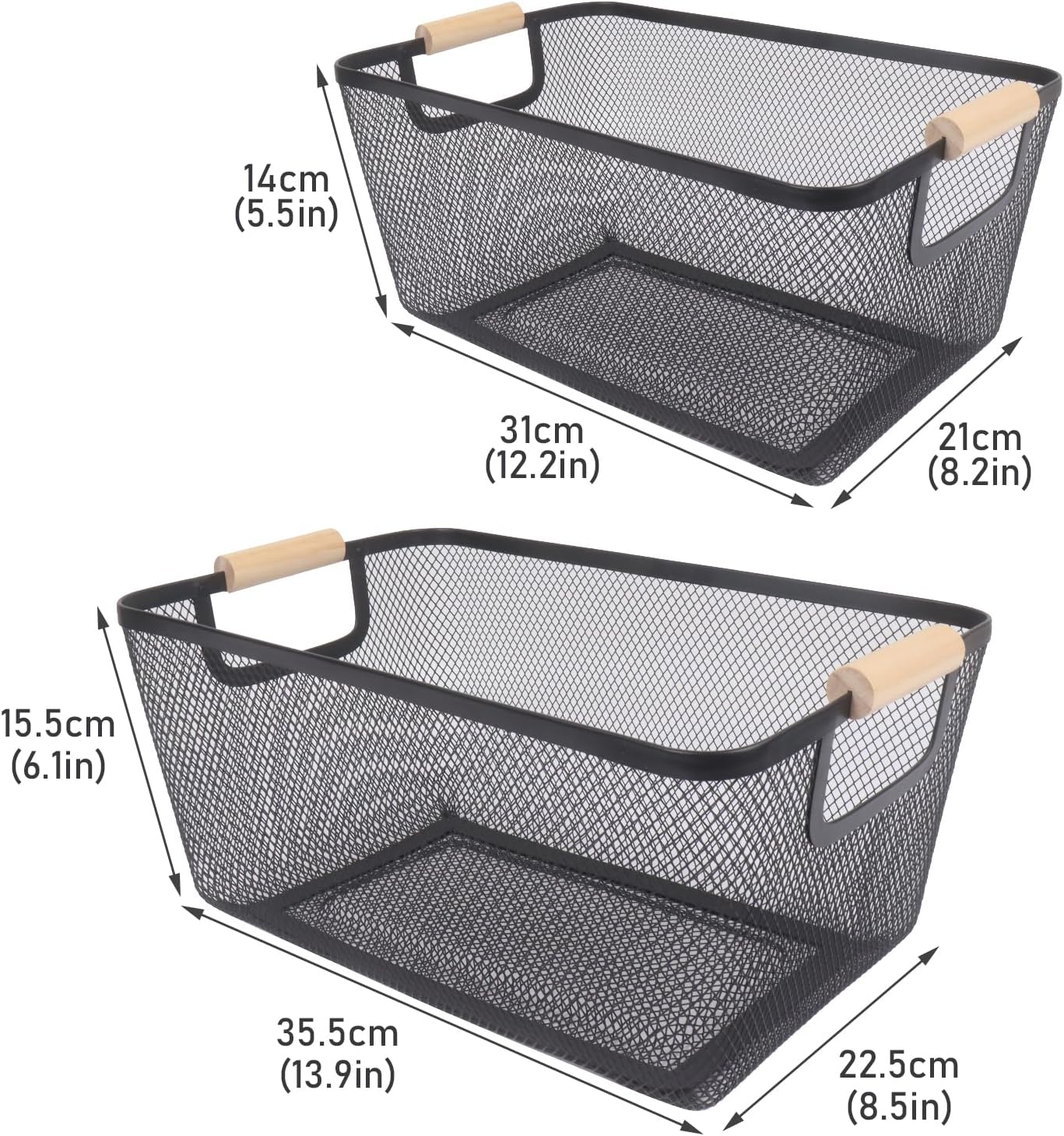 Potato and Onion Storage Bin, 2 Set Potato Bin Storage and Onion Container with Wooden Handle, Pantry Kitchen Organization and Storage, Metal Mesh Baskets for Fruit, Vegetable, Produce-Black
