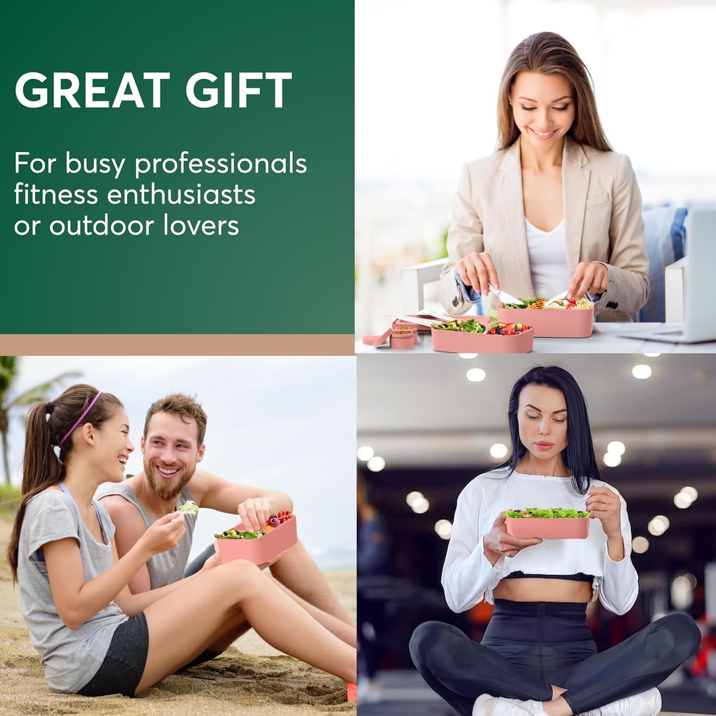 Umami Lunch Box Containers w/ 4 Utensils, Sauce Jar, Nestable Space-Saving Bento Box Adult, 100% Leakproof, Microwavable Lunch Containers for Adults, Design Award Winner, Coral Pink, 30 oz