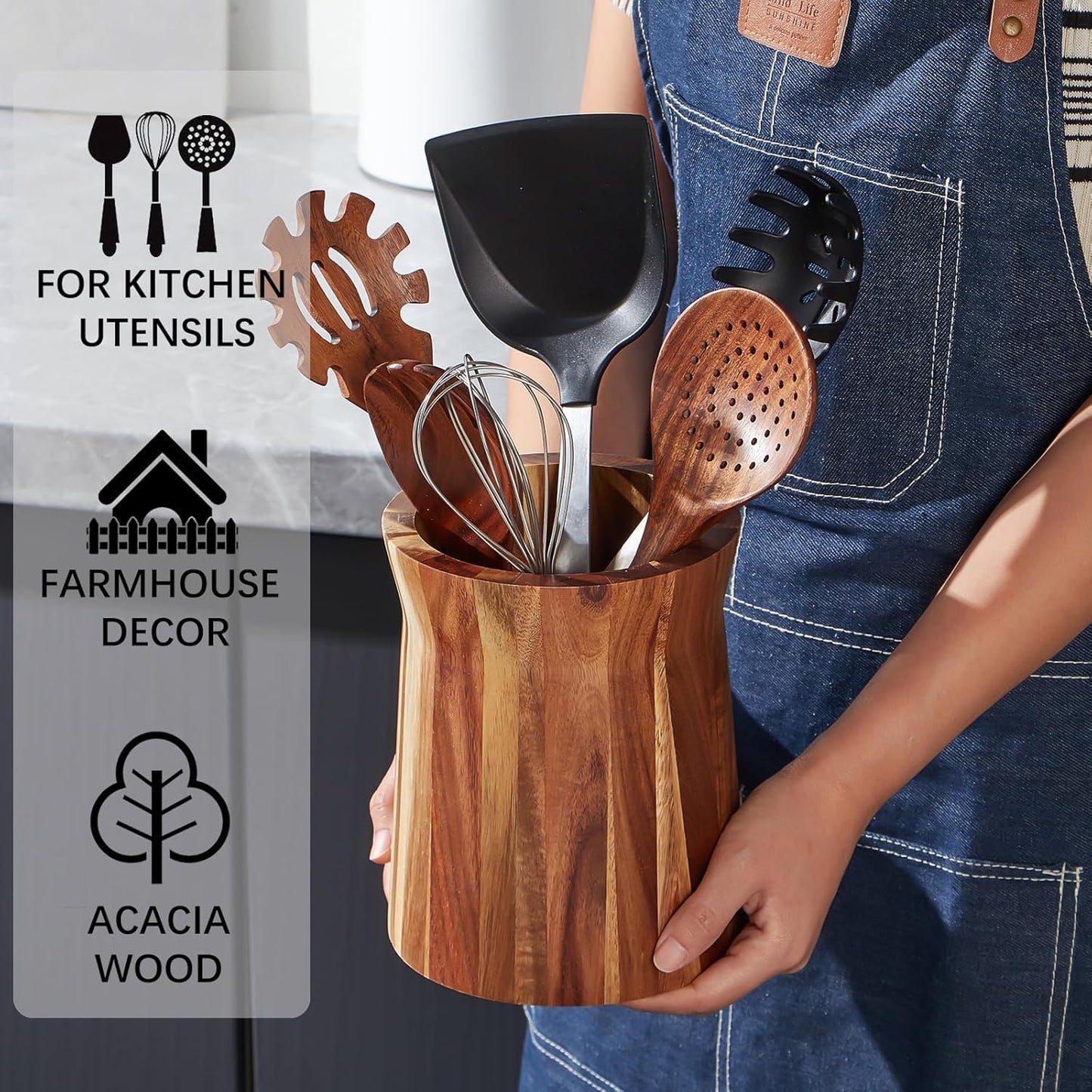 Wooden Utensil Holder for Countertop, 360° Rotating Kitchen Utensil Holder, 7.2"x 6" Large Acacia Wood Crock, Farmhouse Kitchen Decor