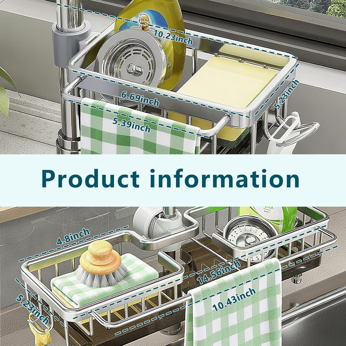 Sink Faucet Organizer Sponge Holder, Over Faucet Sink for 0.7-1.1" Round Water Pipe, Rustproof Caddy Rack, Adjustable Storage Shelf for Kitchen, Bathroom (Either Side Silver)