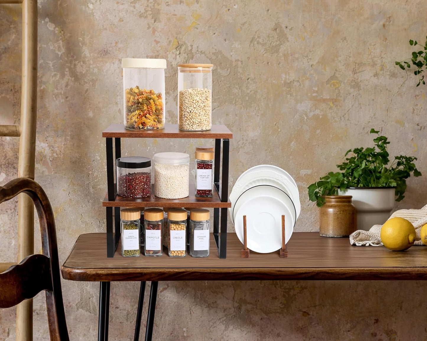 Marsui 4 Pcs Kitchen Organizer Accessories Set Cabinet Organizer Shelf and Bamboo Dish Drying Plate Rack Counter Shelves Storage Holder for Spice Rack, Dish, Pot Lid, Bowl, Cup(Deep Color)