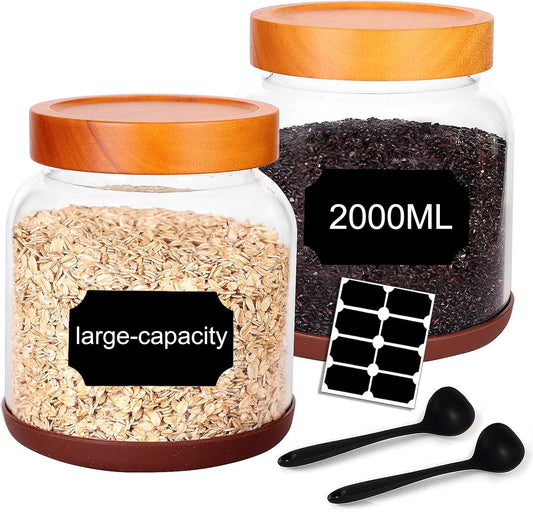 SAIOOL Large Capacity Screw Glass Food Storage Jars (Set of 2) - Diam 15cm x H16cm 2000ML Kitchen Canisters for Flour, Rice, Pasta, Leakproof Design with Yellow Wood Lid & Accessories
