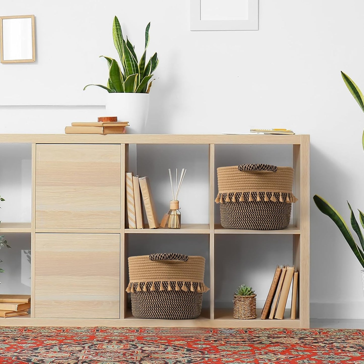 TeoKJ Set of 3 Baskets for Organizing, Decorative Rope Baskets for Storage, Storage for Pets, books, Pillows, Toys & Cloths, Black & Jute