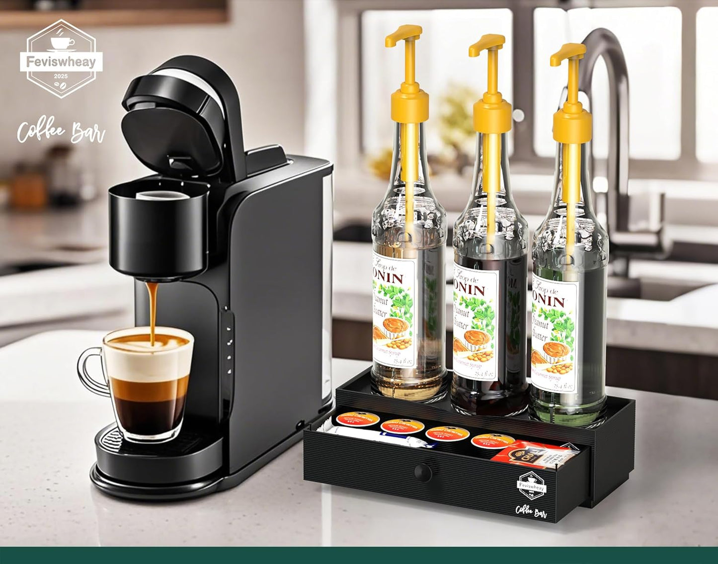 Coffee Bar Organizer, 2-Tier Syrup Rack with Coffee Drawer, Suitable for Dirty Soda Bar Supplies & Holding Torani Bottles, Wine Glasses, Space-Saving for Small Kitchens,Apartments,Dorms